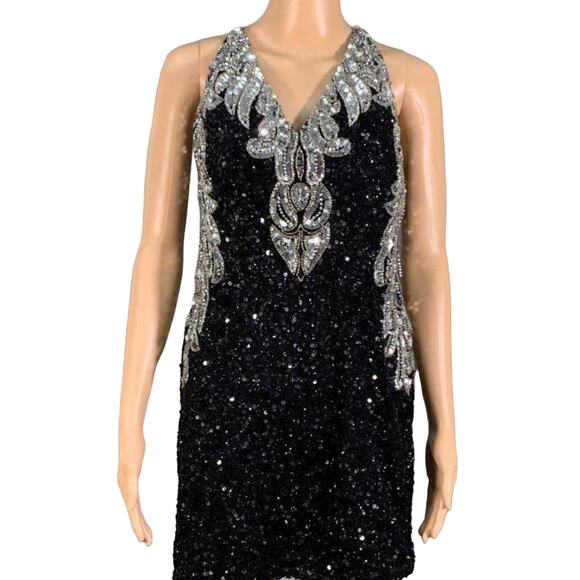 NWT Enchanted Black & Silver Sequin Beaded Chain Straps Backless mini Dress SZ 6 - Picture 8 of 16